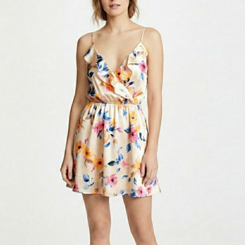 Floral Ruffle Surplice Slip Dress in Cream